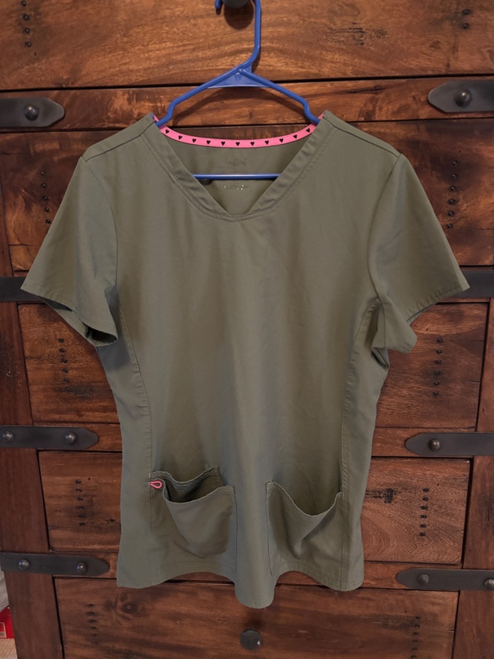 HeartSoul Olive Green V-Neck Short Sleeve Scrub Top with Front Pockets